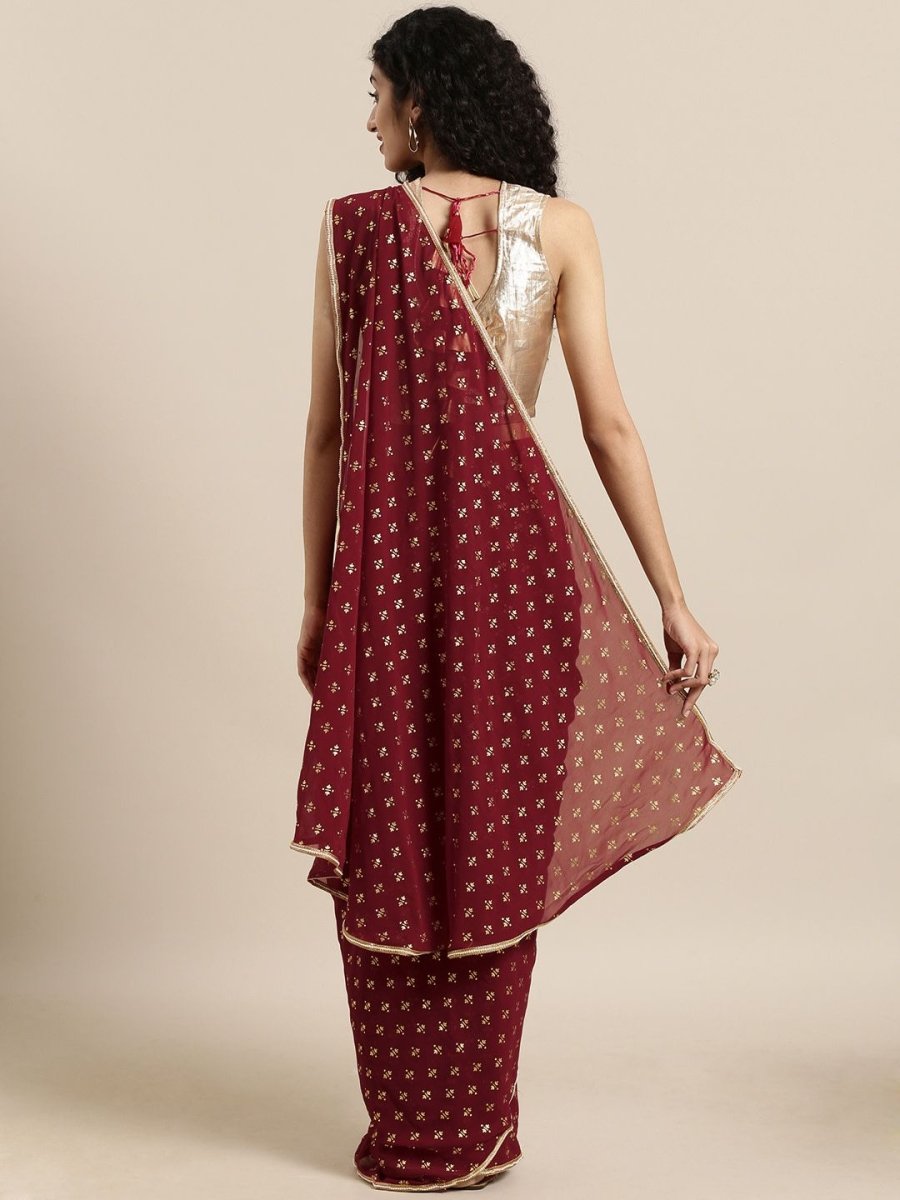 Ahalyaa Women's Maroon Georgette Gold Foil Print Ready to Wear Saree | Swadesiicart