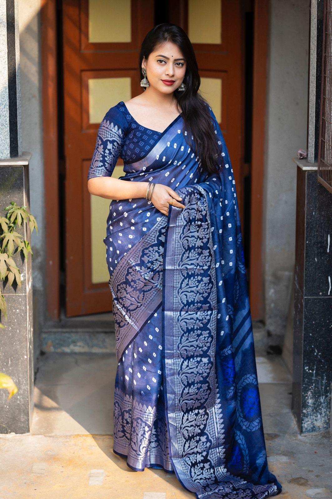 Lightblue Jute Silk Printed Saree with Unstitched Blouse - Hiral Fashion | Swadesiicart