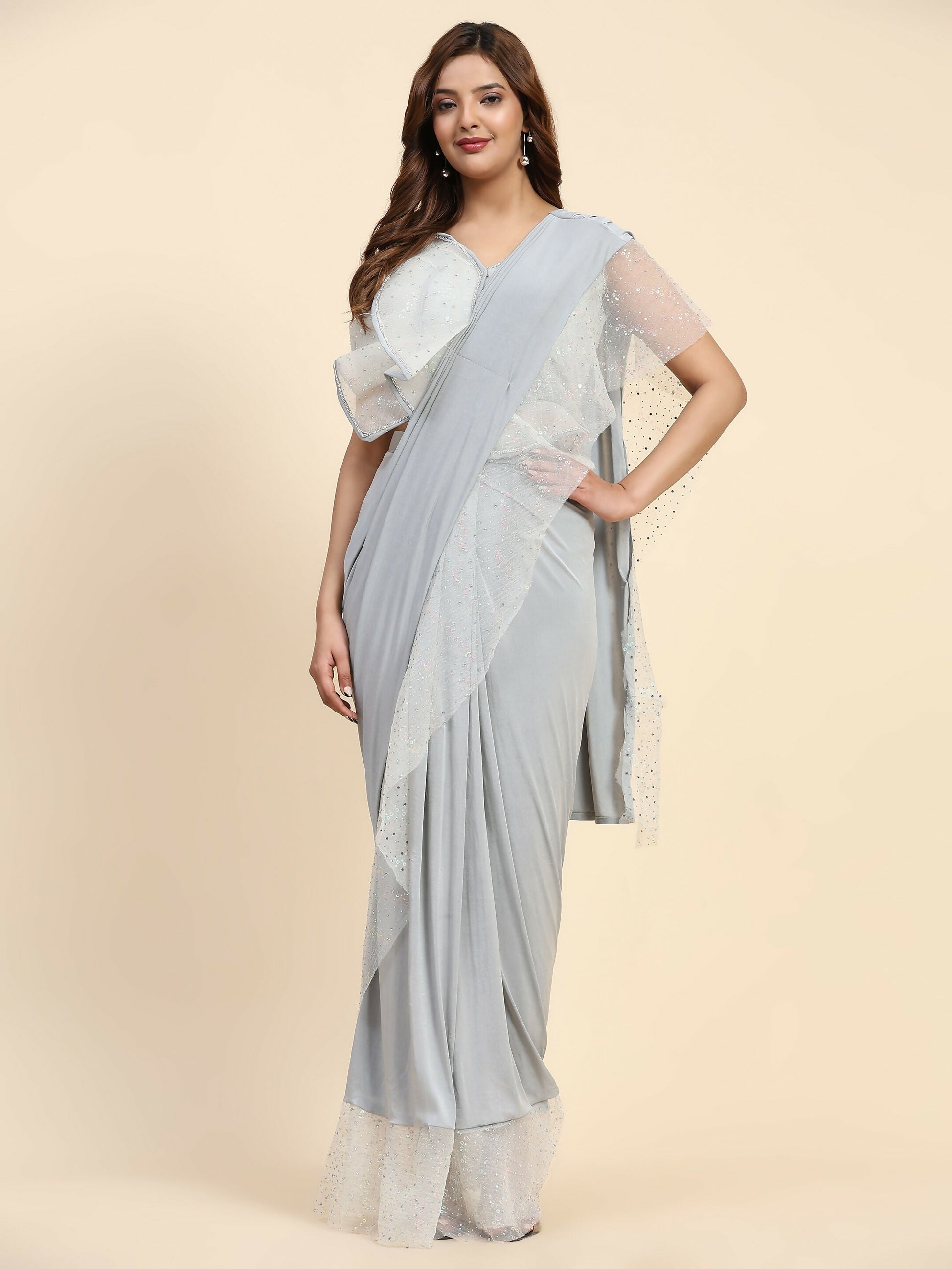Light Grey Lycra Solid Ready to Wear Saree with stitched Blouse - Nita | Swadesiicart