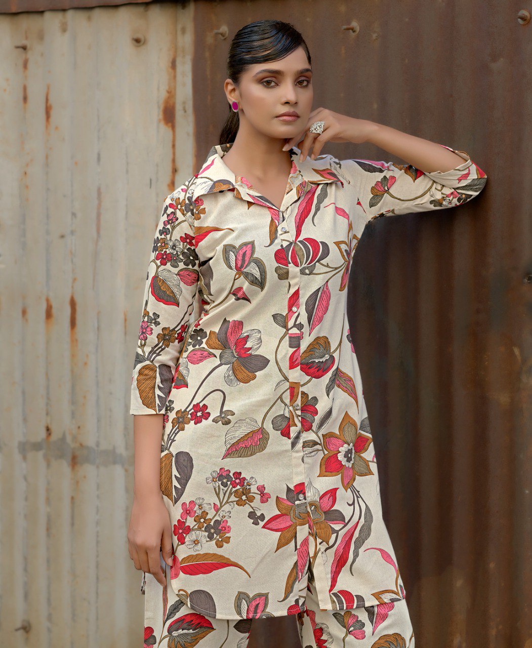 Prazu Fashion Cream Khadi Cotton Floral Printed Co-Ord Set - Swadesiicart