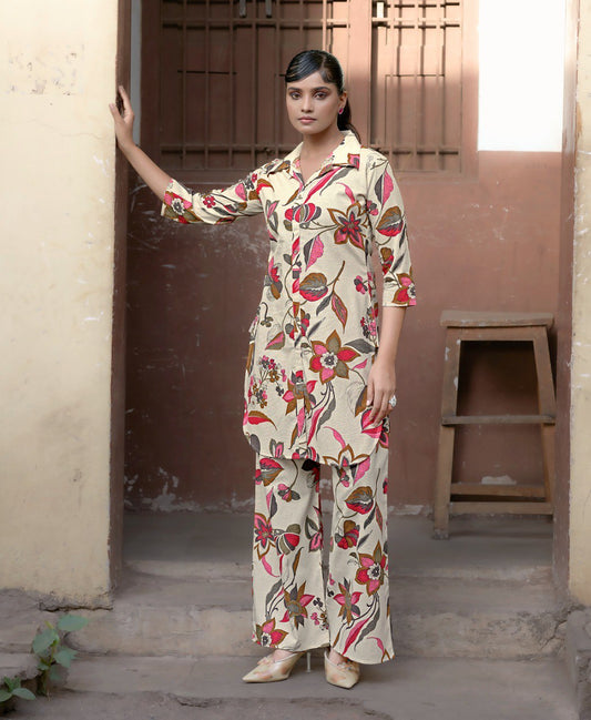 Prazu Fashion Cream Khadi Cotton Floral Printed Co-Ord Set - Swadesiicart