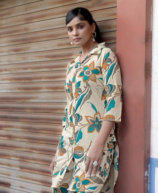 Prazu Fashion Cream Khadi Cotton Floral Printed Co-Ord Set - Swadesiicart