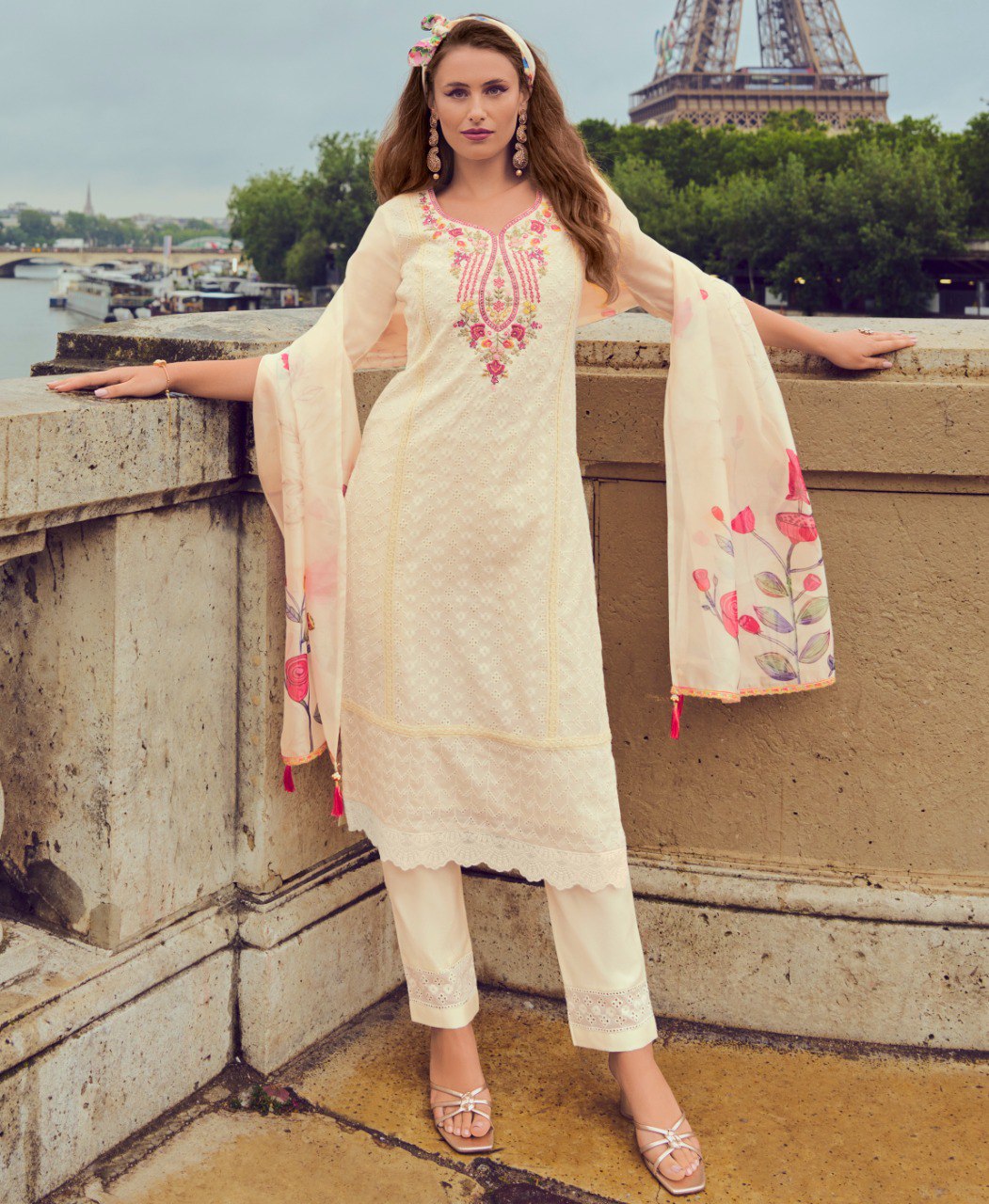 Prazu Fashion Off-White Chanderi Silk Chikankari Embroidered Kurta Set | Swadesiicart