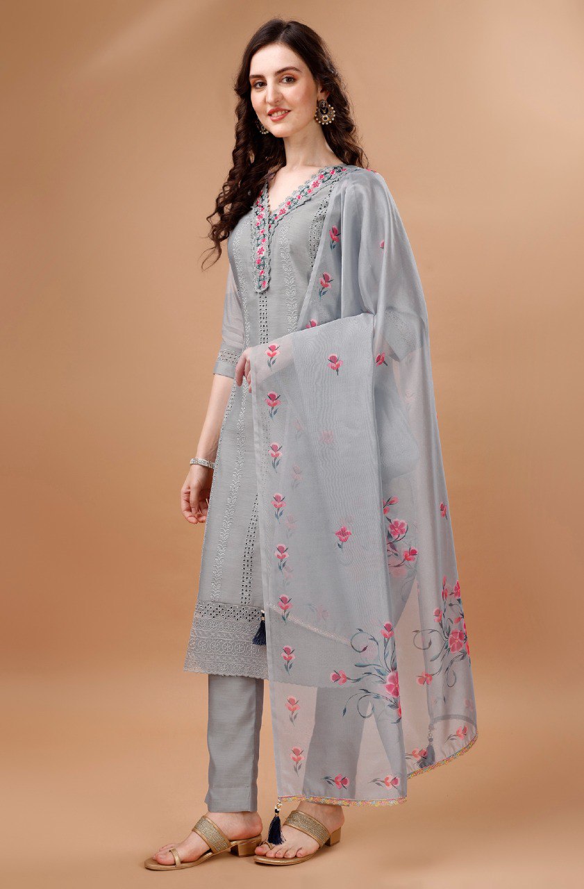 Prazu Fashion Light Grey Chanderi Silk Chikankari Kurta Set | Swadesiicart