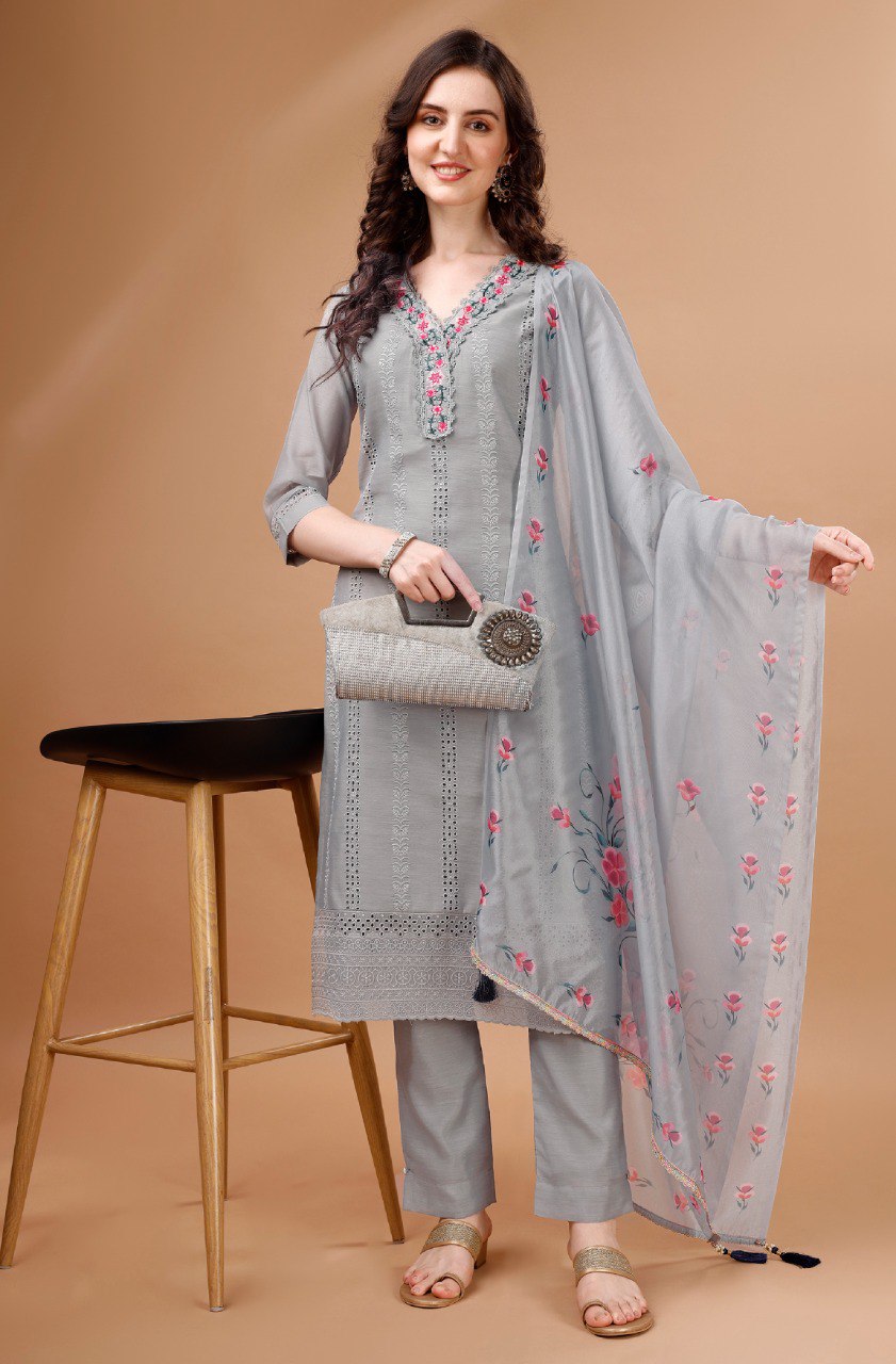 Prazu Fashion Light Grey Chanderi Silk Chikankari Kurta Set | Swadesiicart