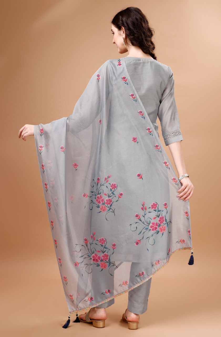Prazu Fashion Light Grey Chanderi Silk Chikankari Kurta Set | Swadesiicart