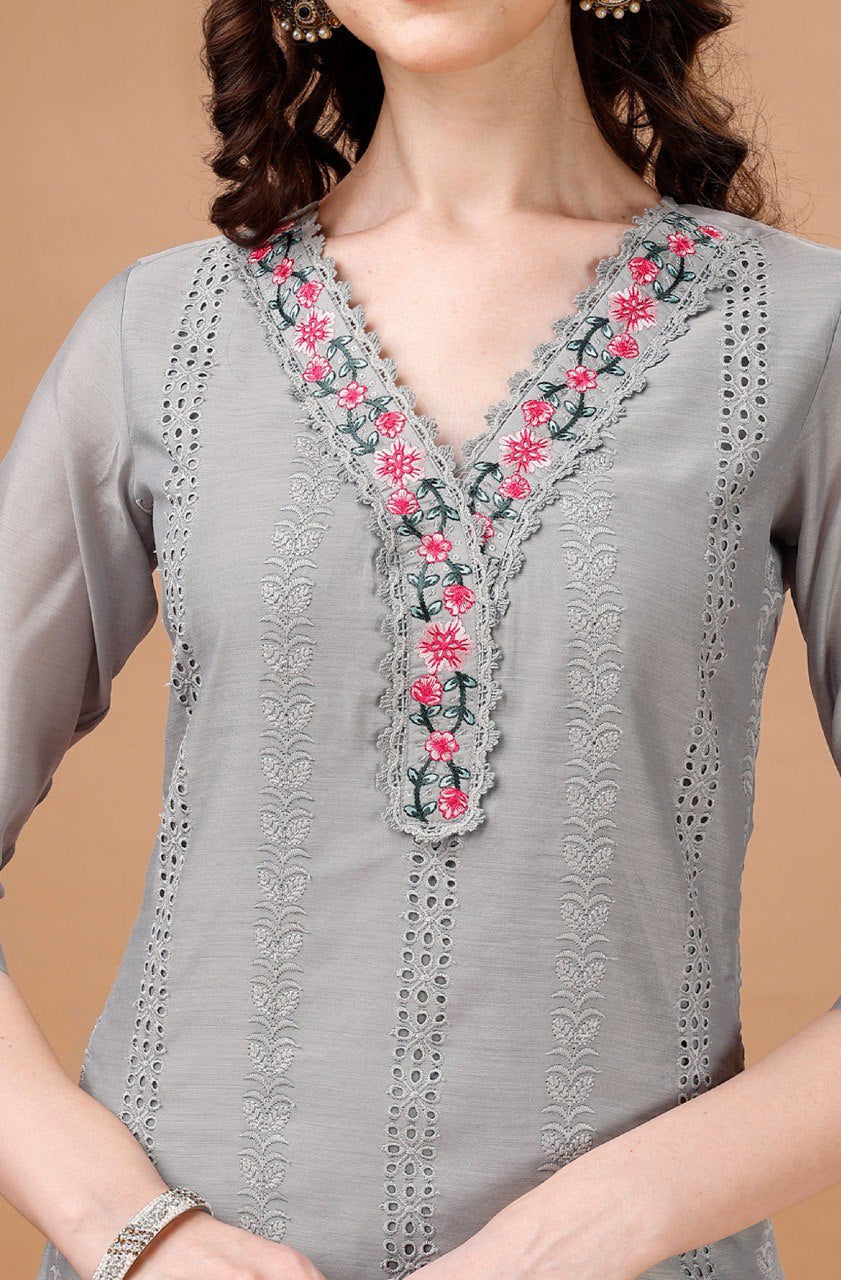 Prazu Fashion Light Grey Chanderi Silk Chikankari Kurta Set | Swadesiicart