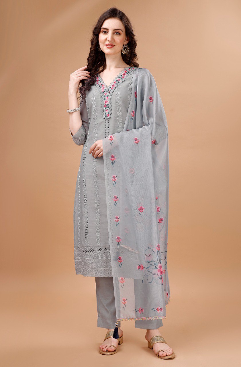 Prazu Fashion Light Grey Chanderi Silk Chikankari Kurta Set | Swadesiicart