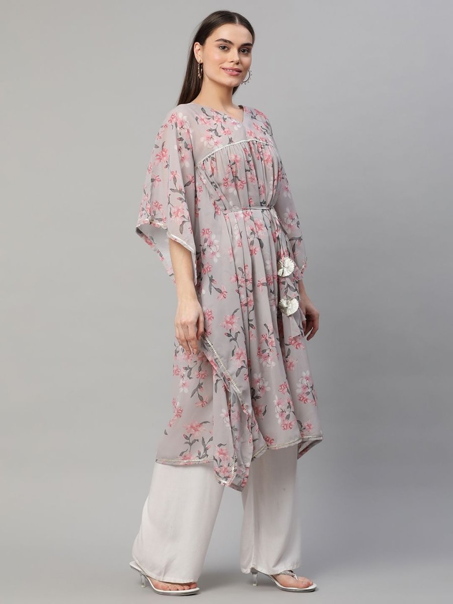 Ahalyaa Women Grey Georgette Floral Printed Kaftan Kurta | Swadesiicart