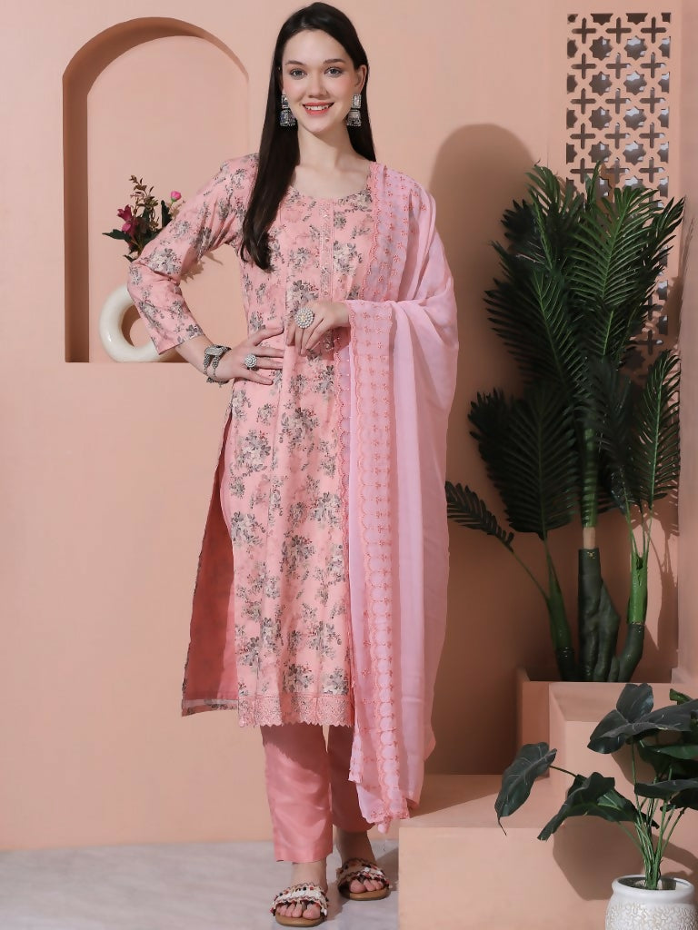 Jyoti Fashion Women's Pink Cotton Floral Digital Printed Kurta with Trouser & Dupatta | Swadesiicart