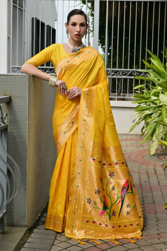 Vishnu Weaves Women's Yellow Paithani Silk Zari Woven Saree with Blouse - Swadesiicart
