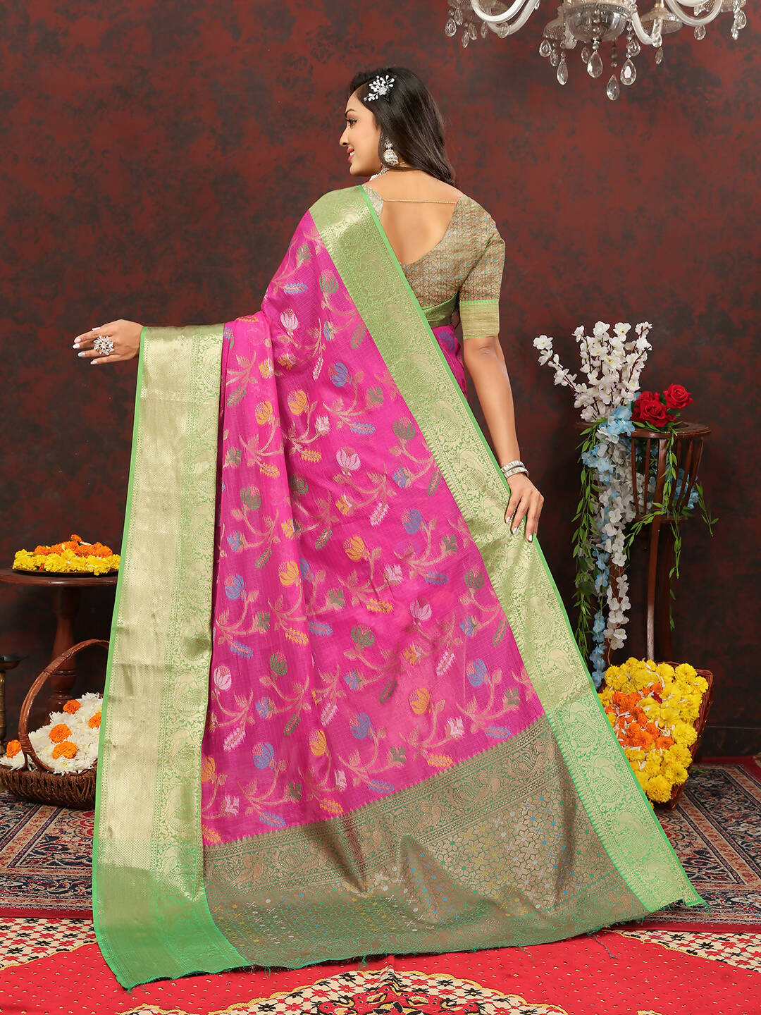 Lorenvalley Fashion Pink Cotton Woven Design Zari Meenakari Weaving Saree - Swadesiicart