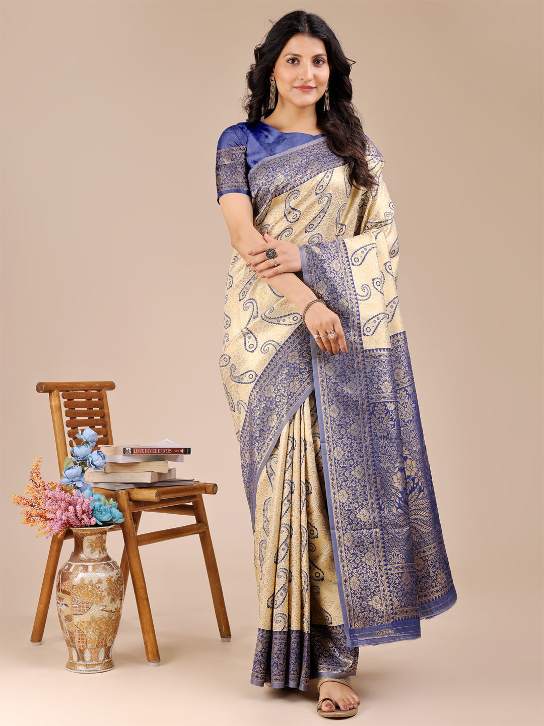 Astita Cream & Navy Blue Banarasi silk Woven Zari Work Traditional Tassel Saree | Swadesiicart