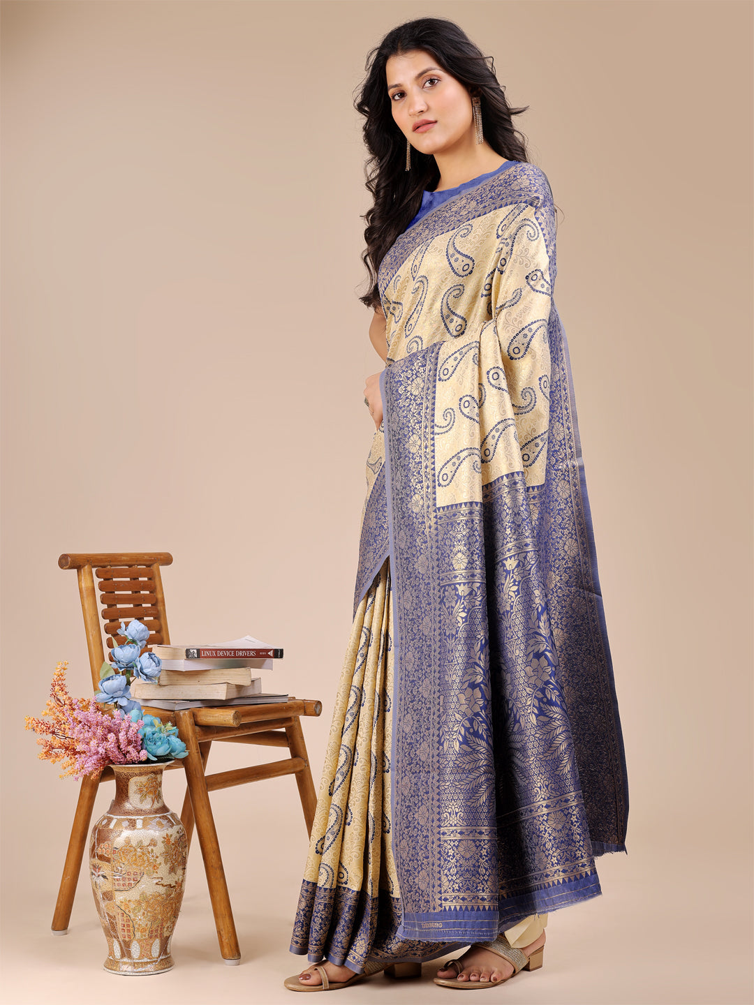 Astita Cream & Navy Blue Banarasi silk Woven Zari Work Traditional Tassel Saree | Swadesiicart