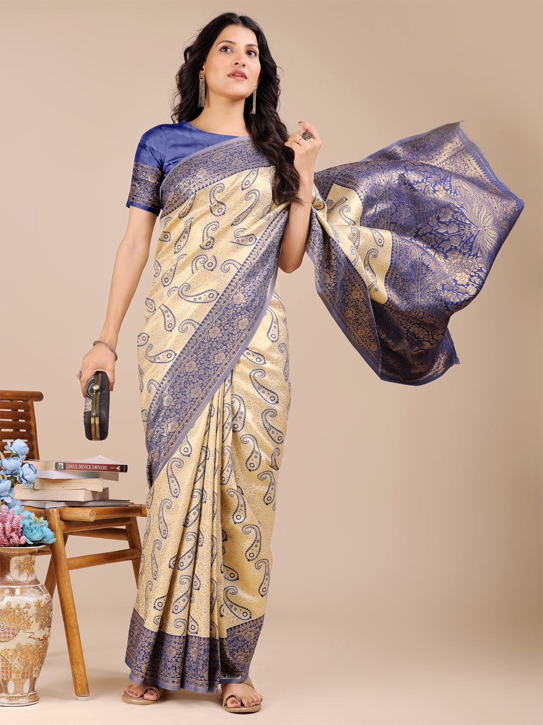 Astita Cream & Navy Blue Banarasi silk Woven Zari Work Traditional Tassel Saree | Swadesiicart