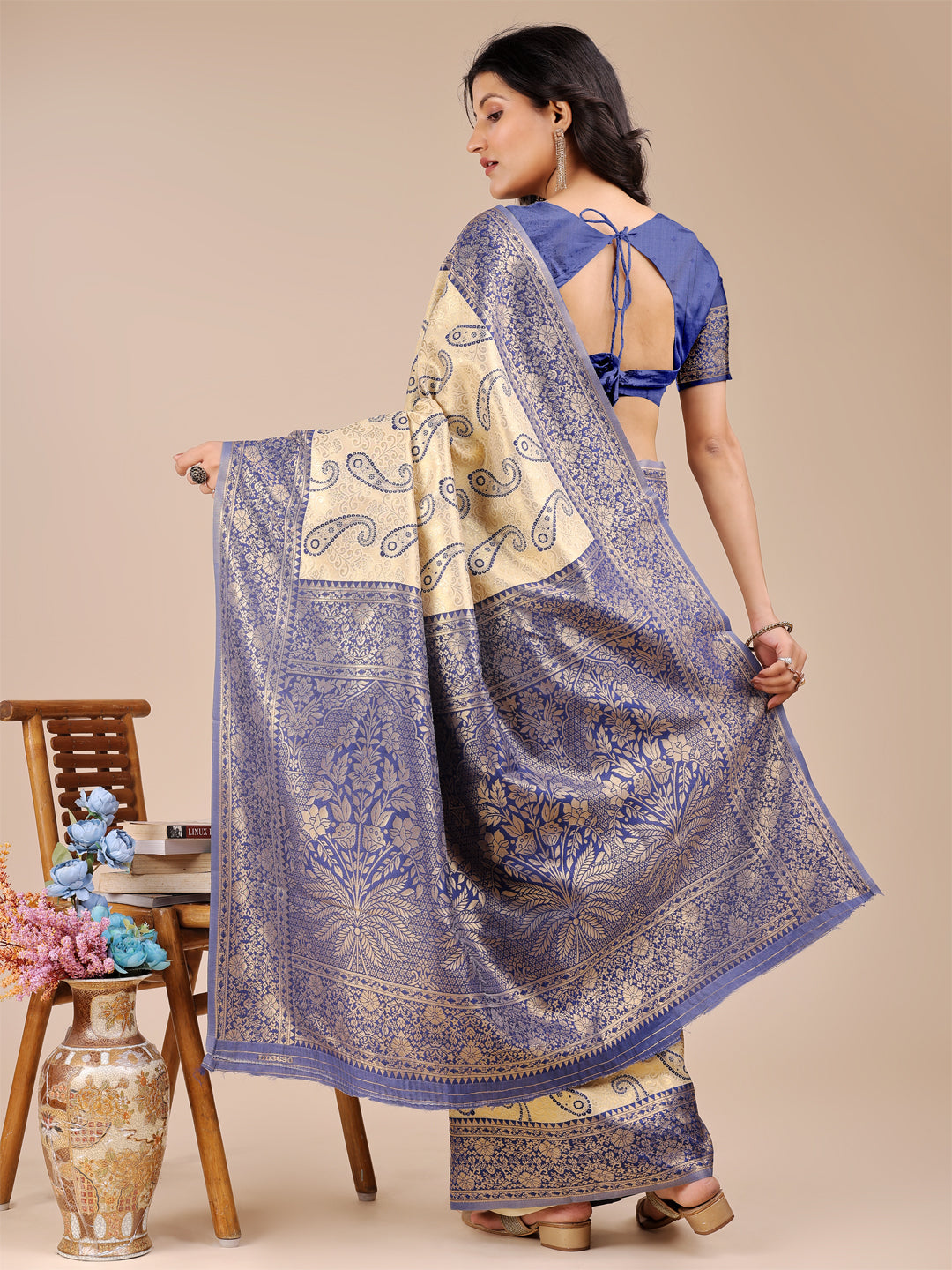 Astita Cream & Navy Blue Banarasi silk Woven Zari Work Traditional Tassel Saree | Swadesiicart