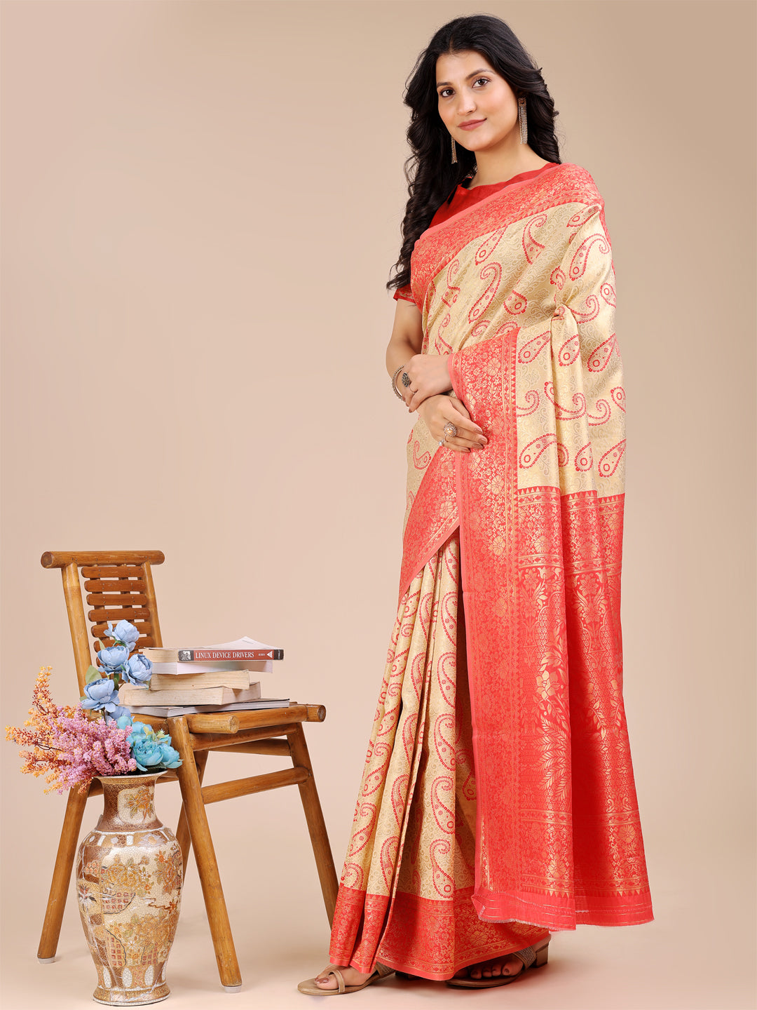 Astita Cream & Red Banarasi silk Woven Zari Work Traditional Tassel Saree | Swadesiicart