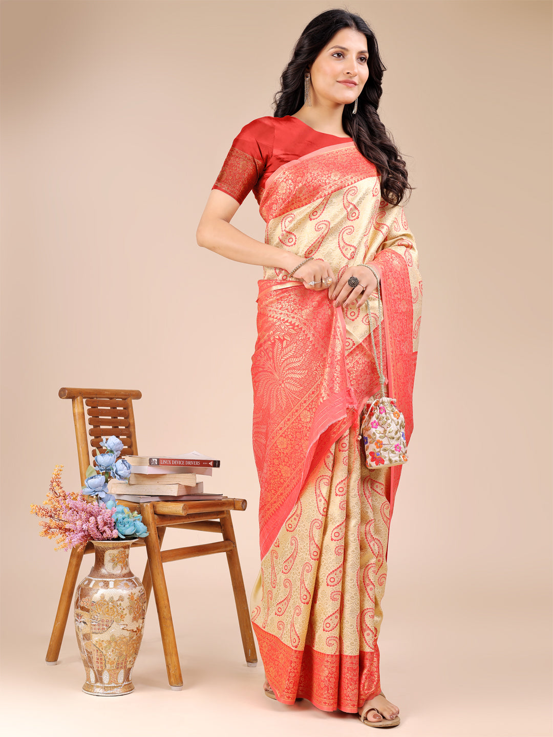 Astita Cream & Red Banarasi silk Woven Zari Work Traditional Tassel Saree | Swadesiicart
