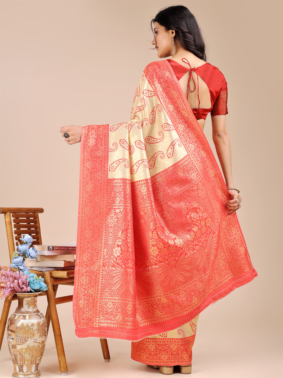 Astita Cream & Red Banarasi silk Woven Zari Work Traditional Tassel Saree | Swadesiicart