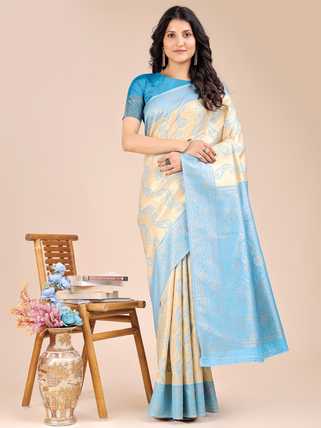 Astita Cream & Sky Blue Banarasi silk Woven Zari Work Traditional Tassel Saree | Swadesiicart