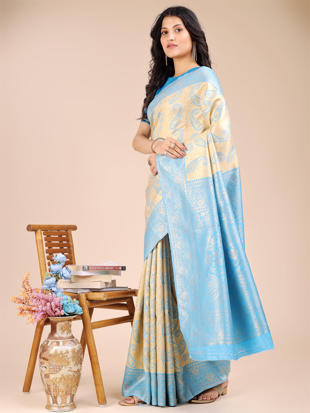 Astita Cream & Sky Blue Banarasi silk Woven Zari Work Traditional Tassel Saree | Swadesiicart