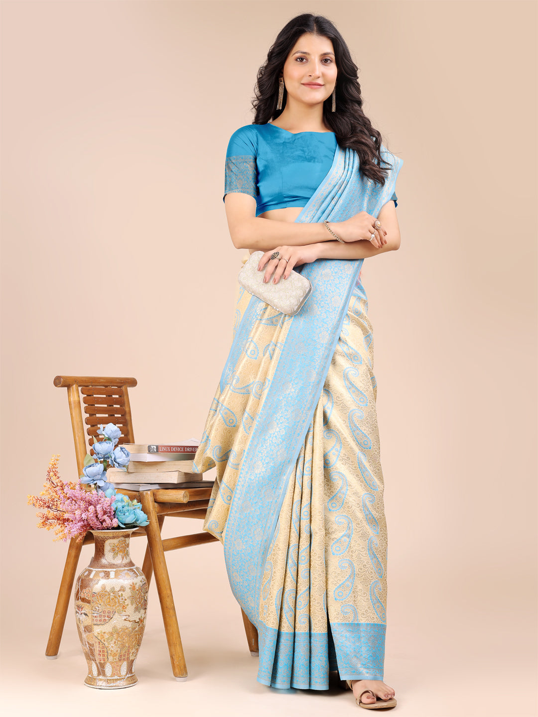 Astita Cream & Sky Blue Banarasi silk Woven Zari Work Traditional Tassel Saree | Swadesiicart