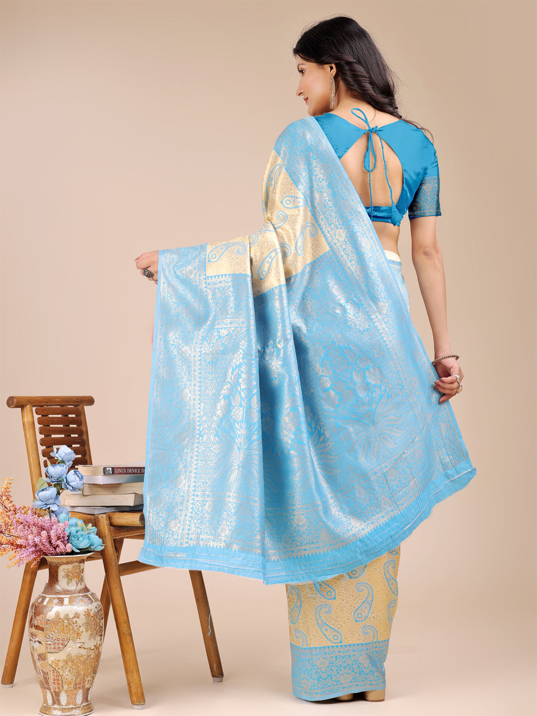 Astita Cream & Sky Blue Banarasi silk Woven Zari Work Traditional Tassel Saree | Swadesiicart
