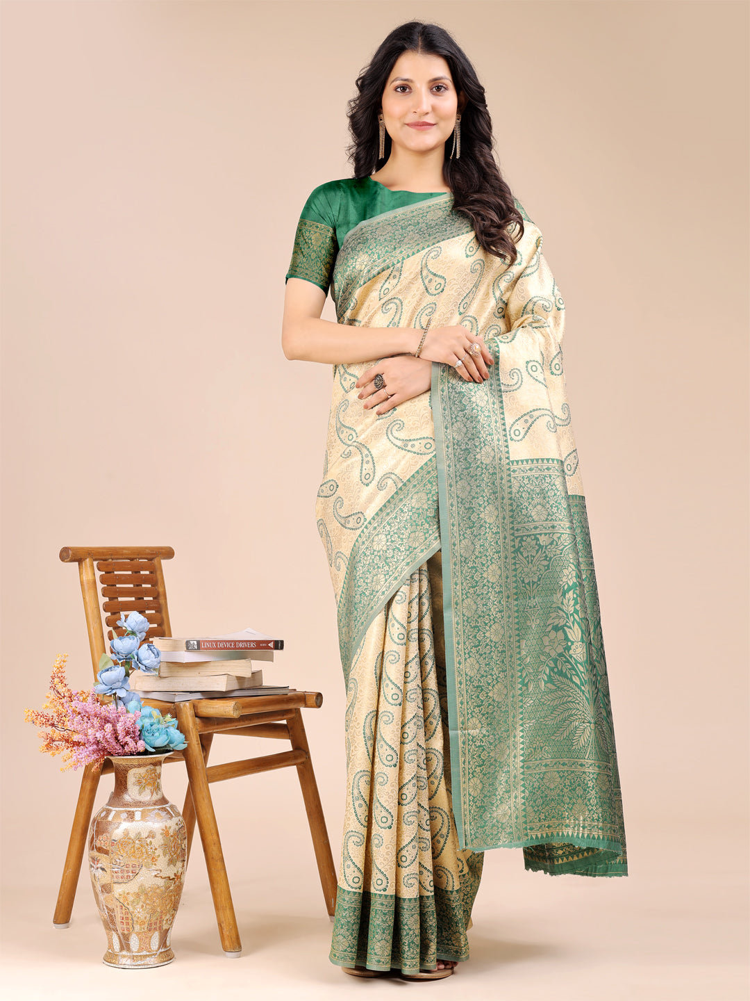 Astita Cream & Green Banarasi silk Woven Zari Work Traditional Tassel Saree | Swadesiicart