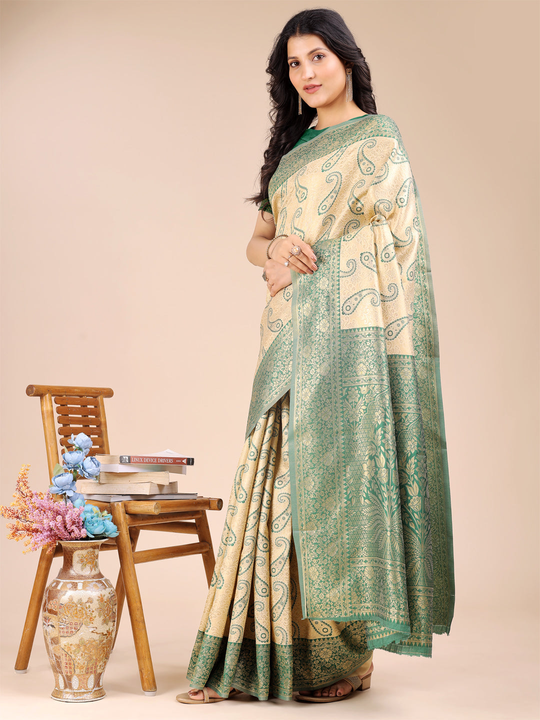 Astita Cream & Green Banarasi silk Woven Zari Work Traditional Tassel Saree | Swadesiicart