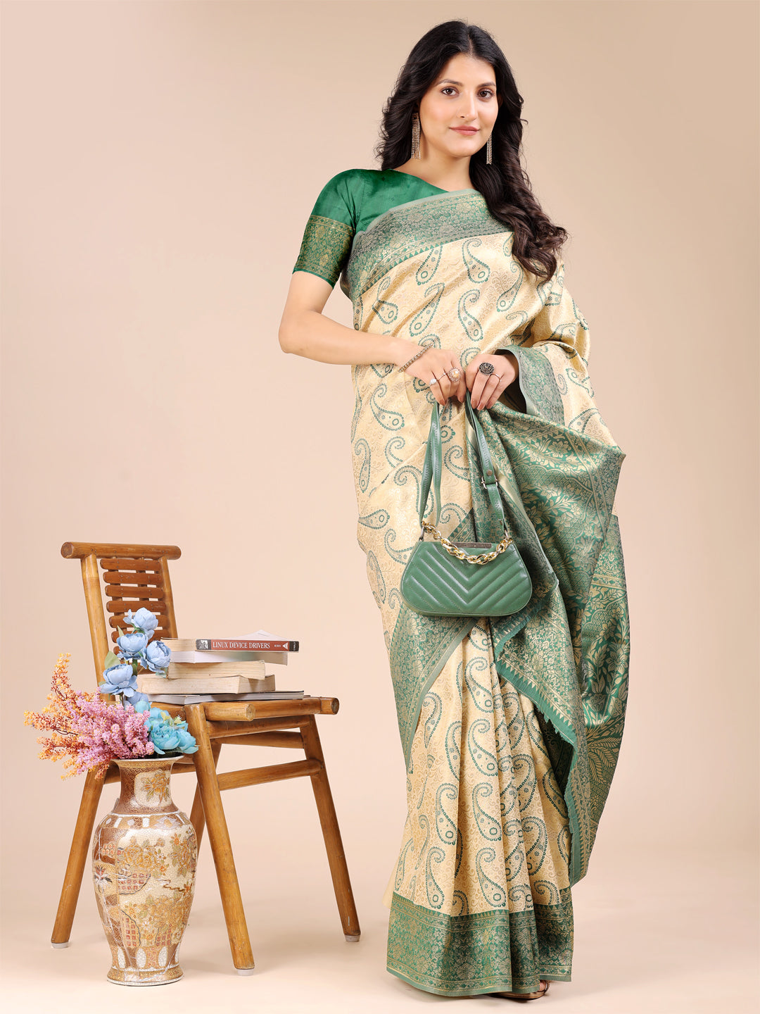 Astita Cream & Green Banarasi silk Woven Zari Work Traditional Tassel Saree | Swadesiicart