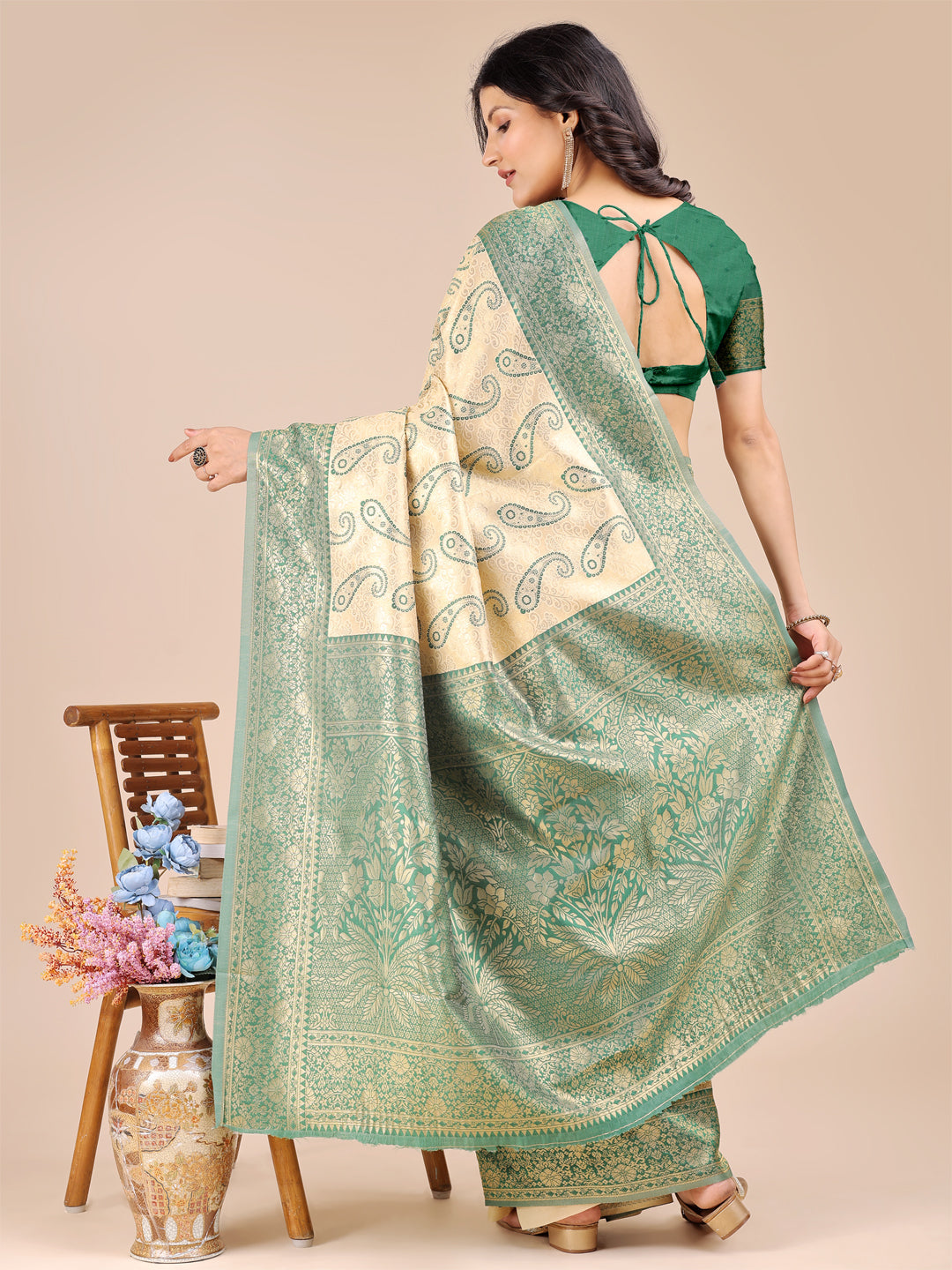 Astita Cream & Green Banarasi silk Woven Zari Work Traditional Tassel Saree | Swadesiicart