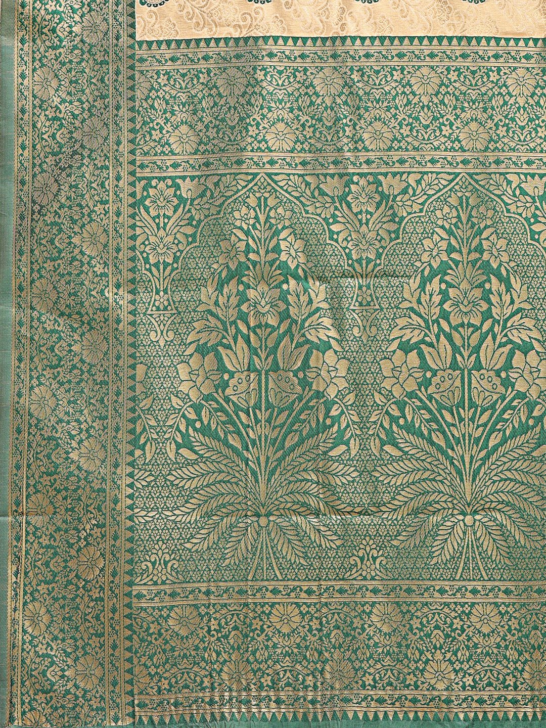 Astita Cream & Green Banarasi silk Woven Zari Work Traditional Tassel Saree | Swadesiicart