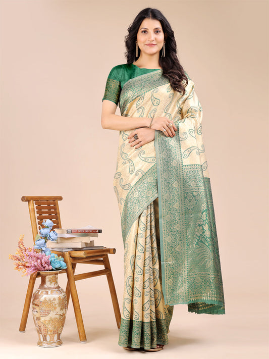Astita Cream & Green Banarasi silk Woven Zari Work Traditional Tassel Saree | Swadesiicart
