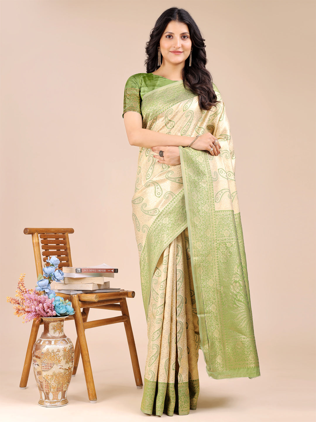 Astita Cream & Light Green Banarasi silk Woven Zari Work Traditional Tassel Saree | Swadesiicart