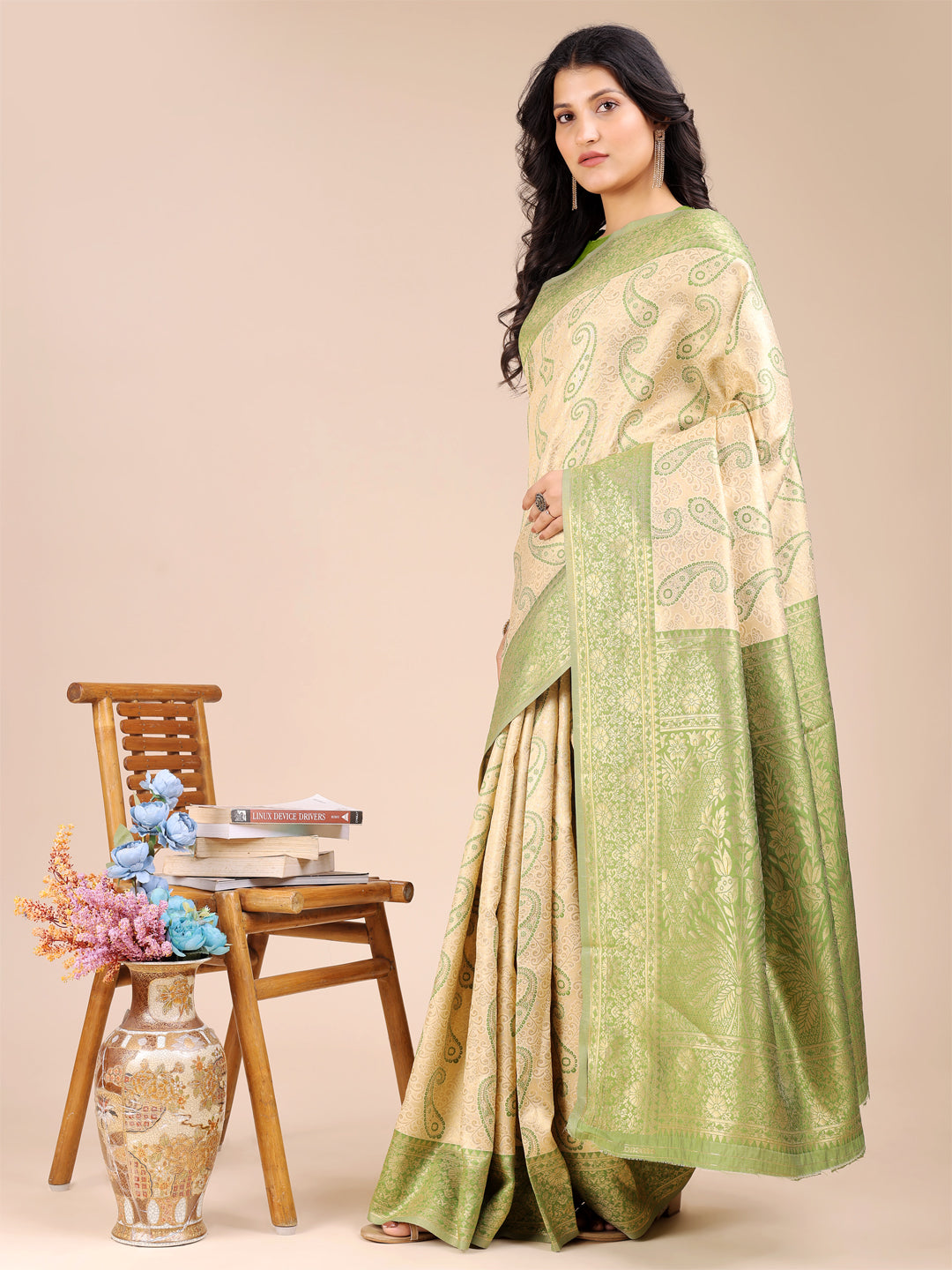 Astita Cream & Light Green Banarasi silk Woven Zari Work Traditional Tassel Saree | Swadesiicart