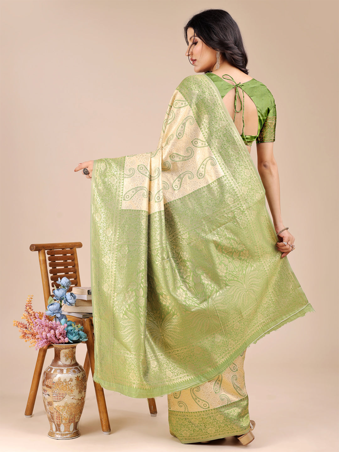 Astita Cream & Light Green Banarasi silk Woven Zari Work Traditional Tassel Saree | Swadesiicart