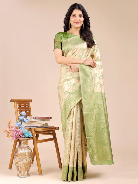 Astita Cream & Light Green Banarasi silk Woven Zari Work Traditional Tassel Saree | Swadesiicart