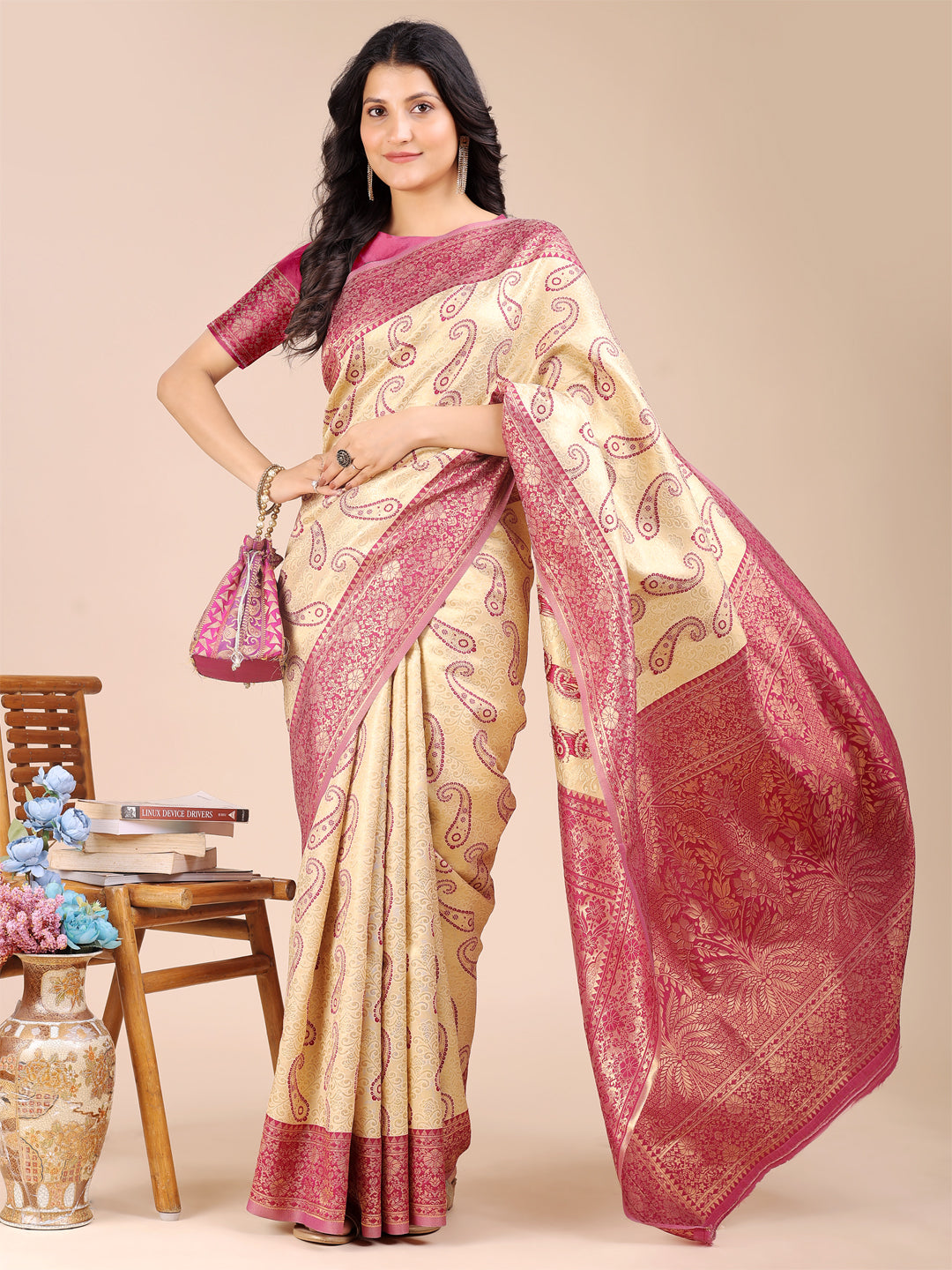 Astita Cream & Magenta Banarasi silk Woven Zari Work Traditional Tassel Saree | Swadesiicart