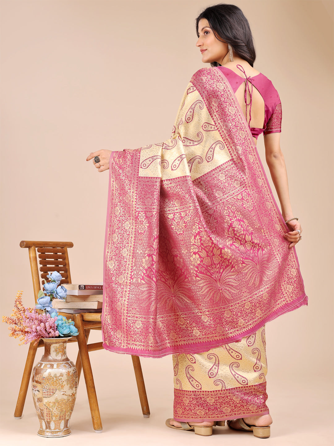 Astita Cream & Magenta Banarasi silk Woven Zari Work Traditional Tassel Saree | Swadesiicart