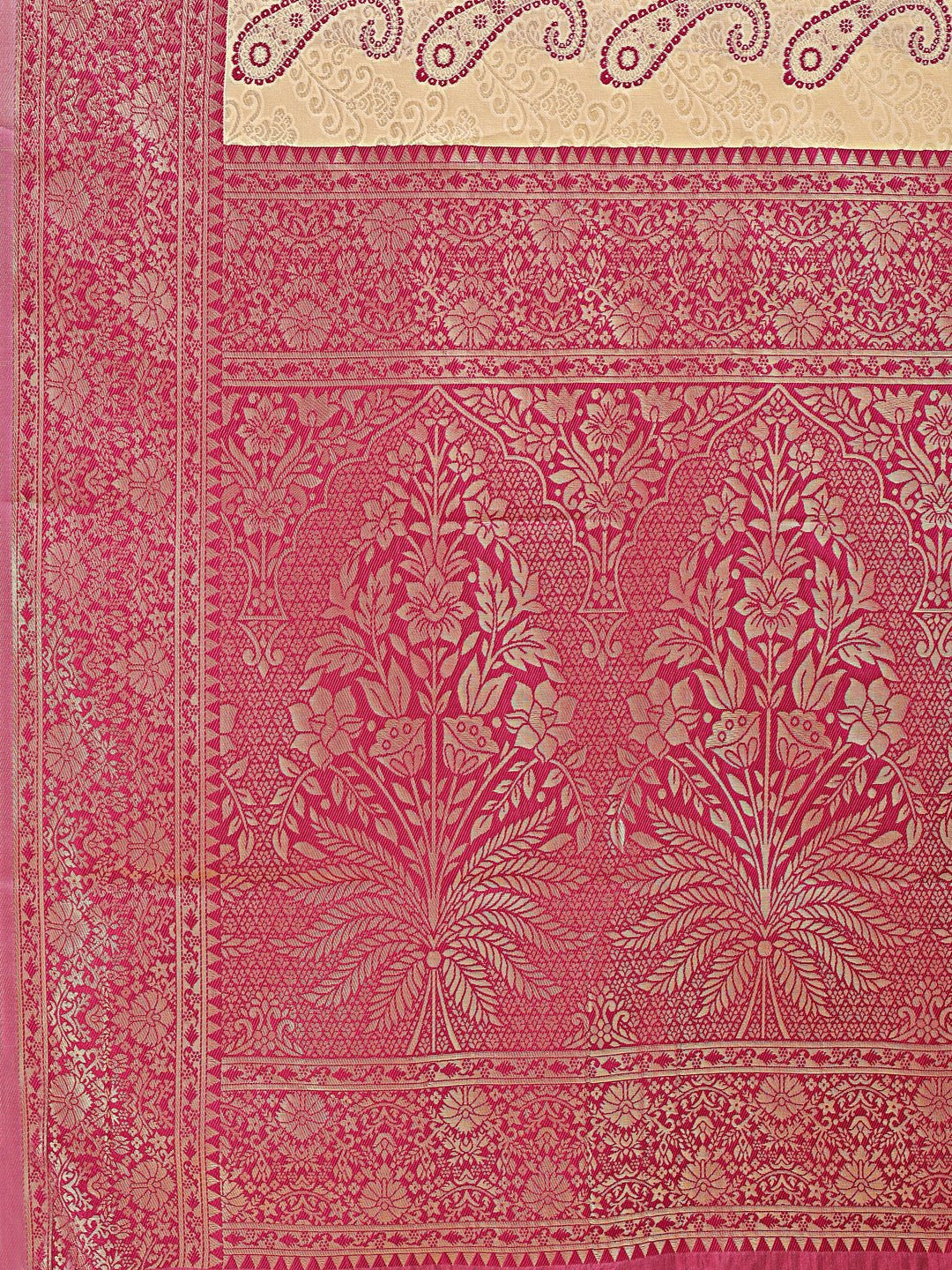 Astita Cream & Magenta Banarasi silk Woven Zari Work Traditional Tassel Saree | Swadesiicart
