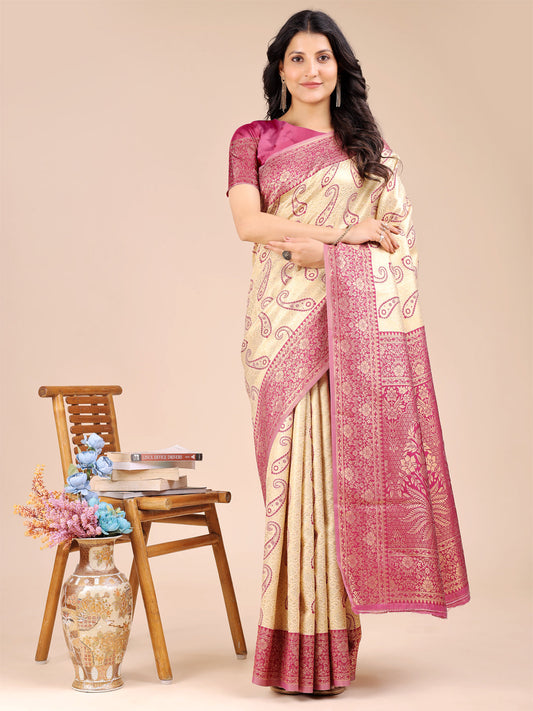 Astita Cream & Magenta Banarasi silk Woven Zari Work Traditional Tassel Saree | Swadesiicart
