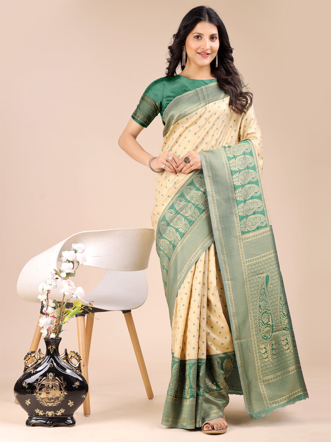 Astita Cream & Green Banarasi silk Woven Zari Work Traditional Tassel Saree | Swadesiicart