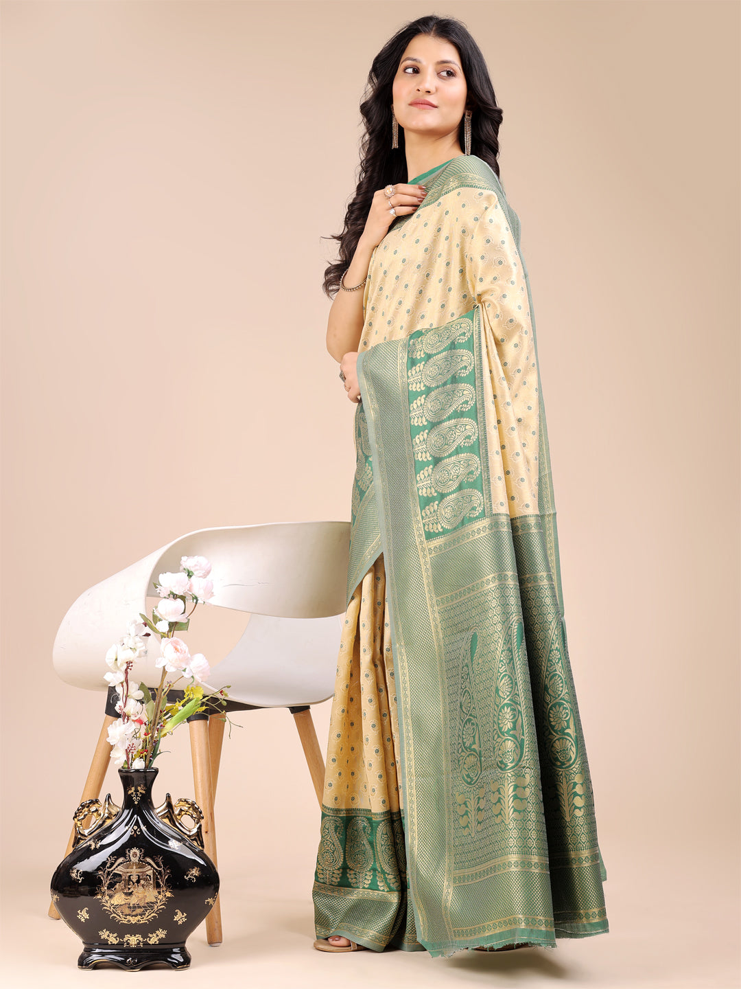 Astita Cream & Green Banarasi silk Woven Zari Work Traditional Tassel Saree | Swadesiicart