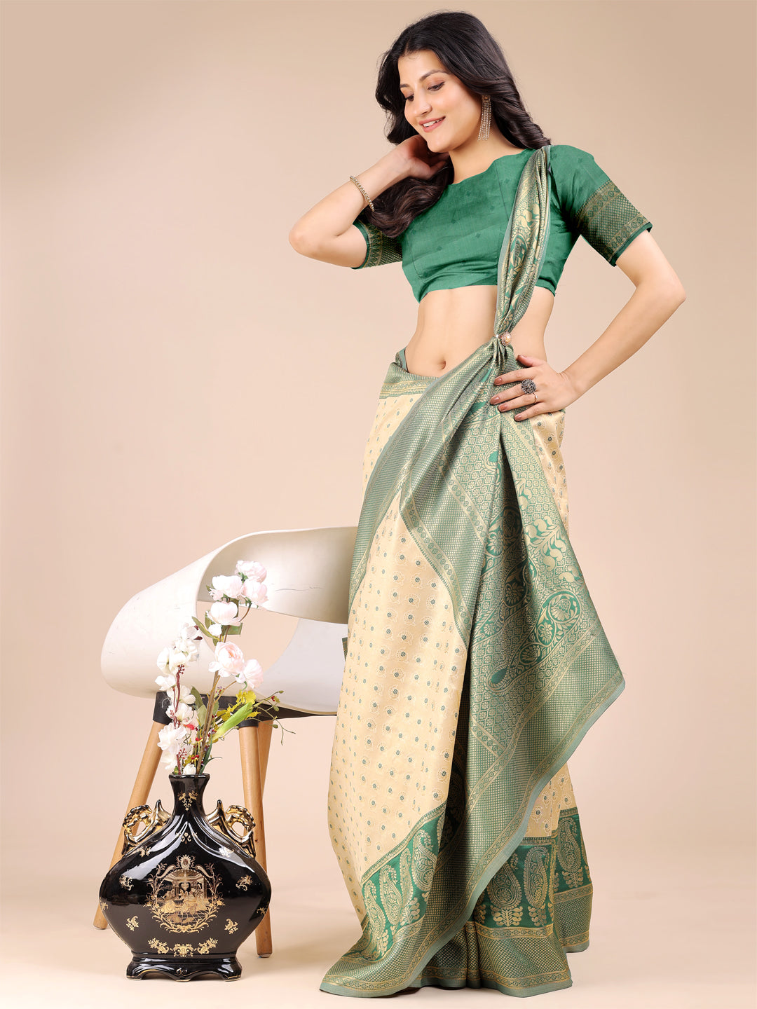Astita Cream & Green Banarasi silk Woven Zari Work Traditional Tassel Saree | Swadesiicart