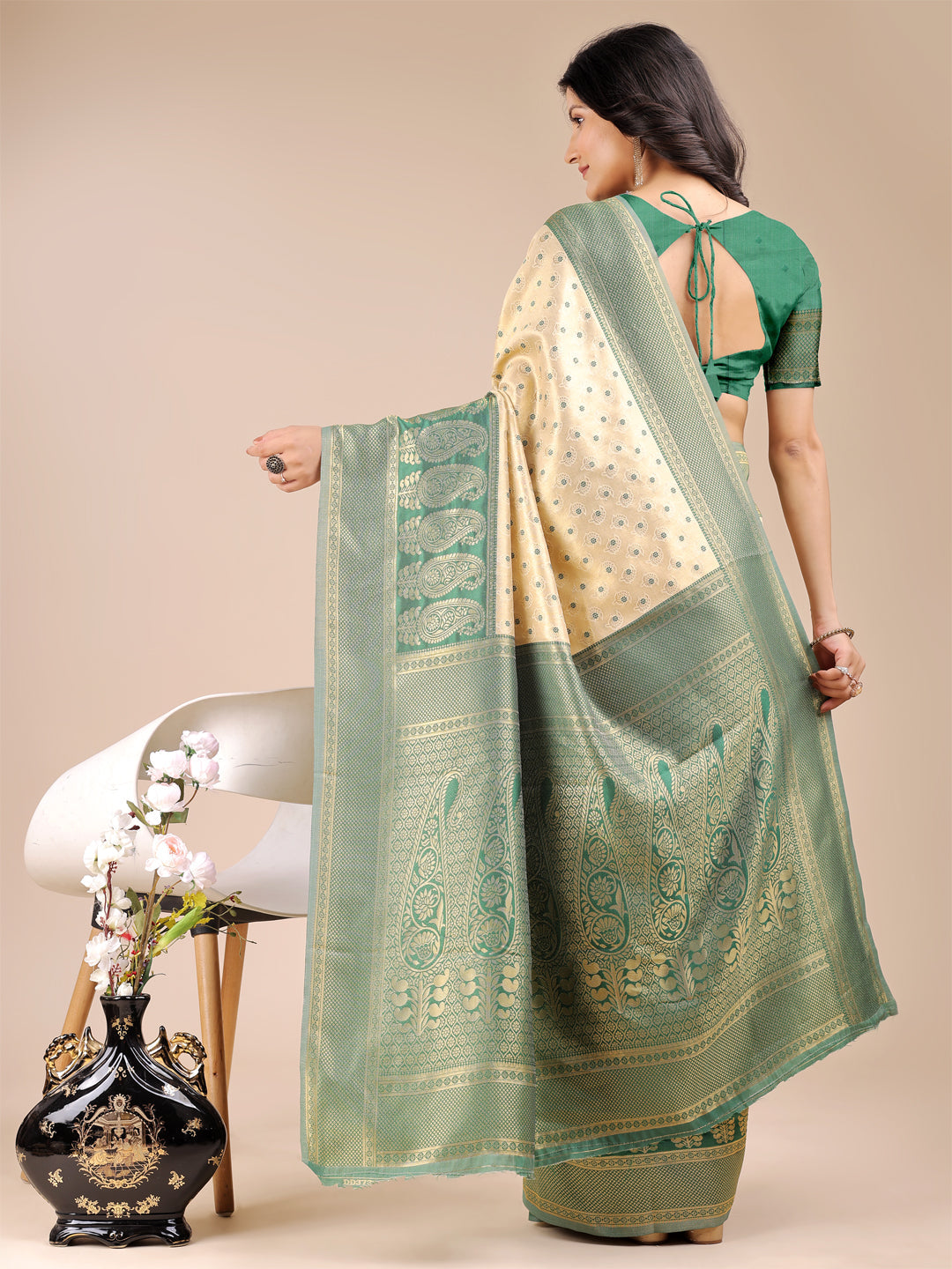 Astita Cream & Green Banarasi silk Woven Zari Work Traditional Tassel Saree | Swadesiicart