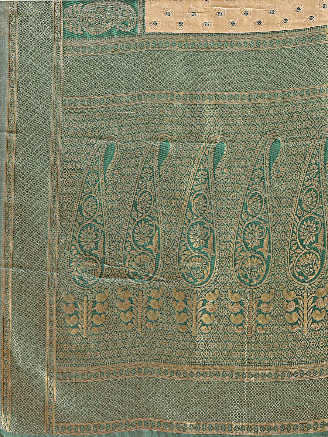 Astita Cream & Green Banarasi silk Woven Zari Work Traditional Tassel Saree | Swadesiicart