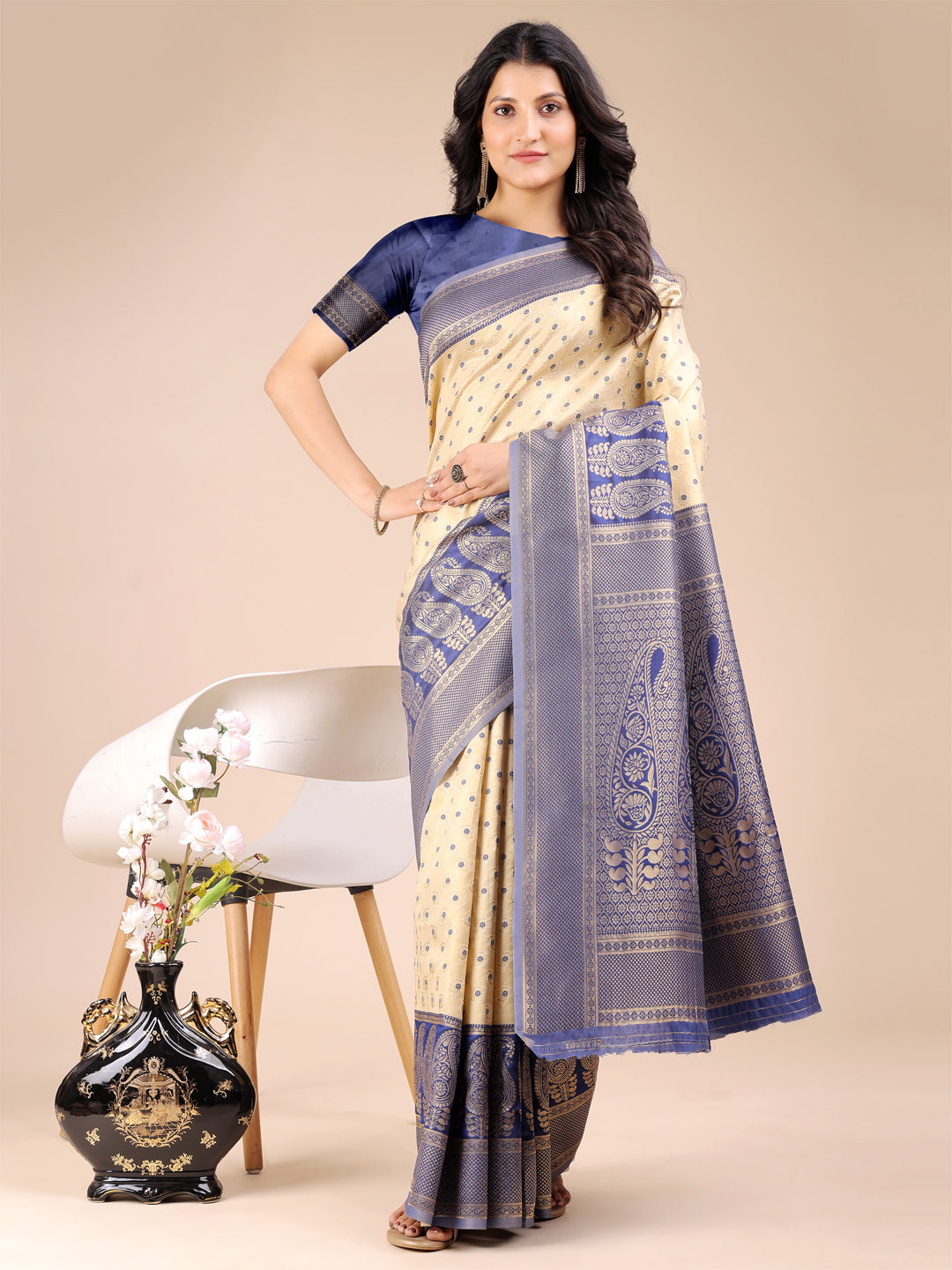 Astita Cream & Navy Blue Banarasi silk Woven Zari Work Traditional Tassel Saree | Swadesiicart