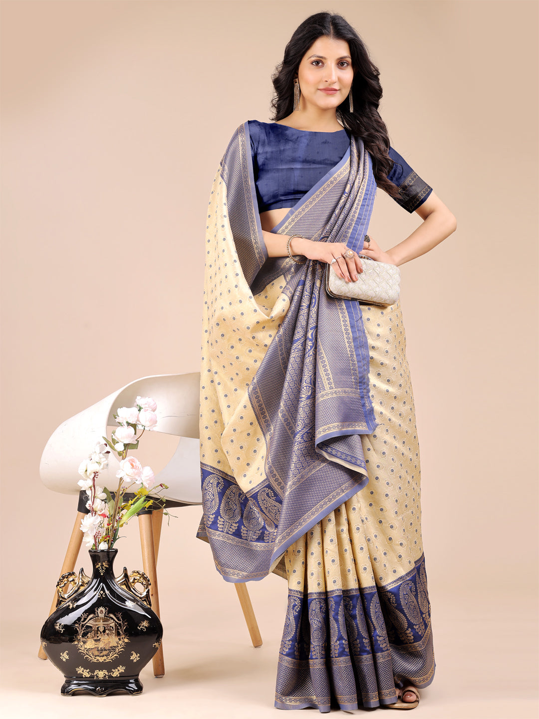 Astita Cream & Navy Blue Banarasi silk Woven Zari Work Traditional Tassel Saree | Swadesiicart