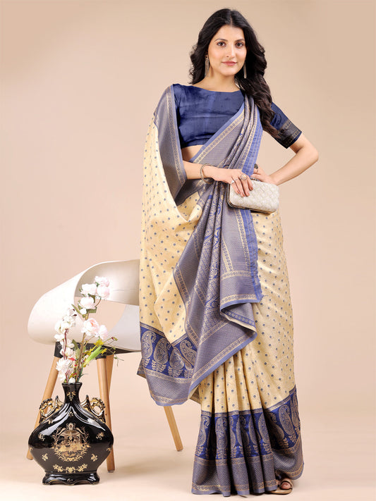 Astita Cream & Navy Blue Banarasi silk Woven Zari Work Traditional Tassel Saree | Swadesiicart