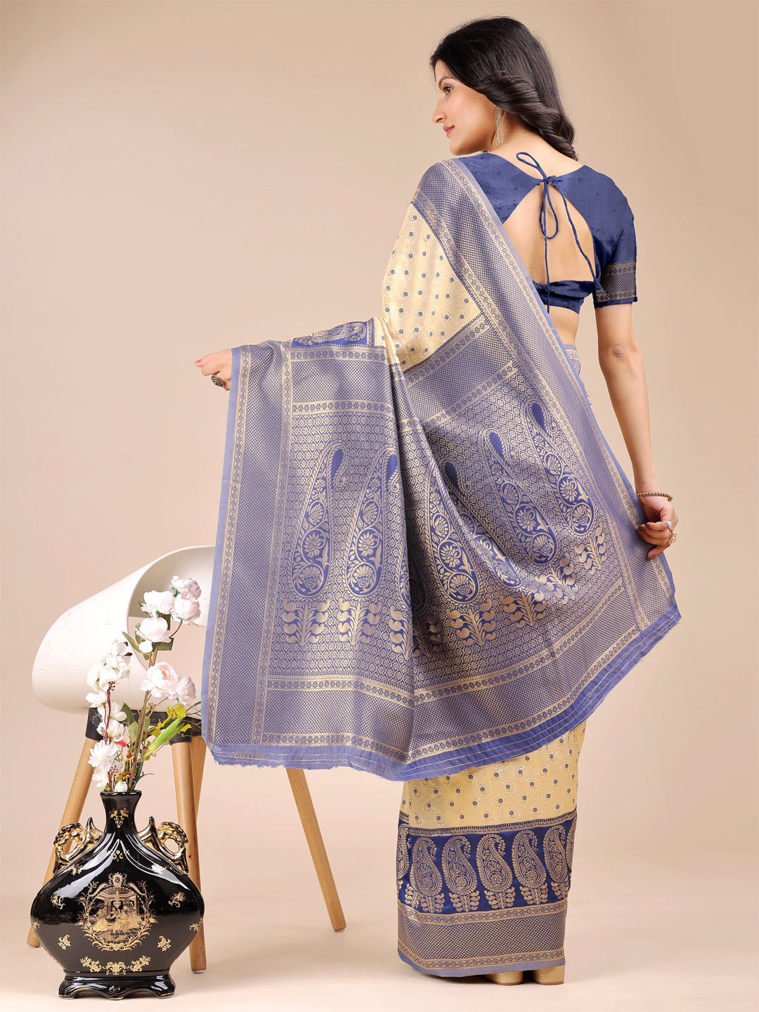 Astita Cream & Navy Blue Banarasi silk Woven Zari Work Traditional Tassel Saree | Swadesiicart